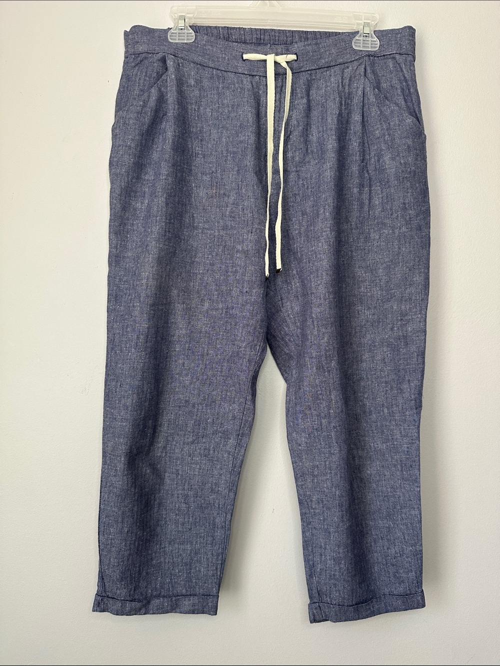 Casual Drawstring Chambray Linen Blend Pants Blue size 10